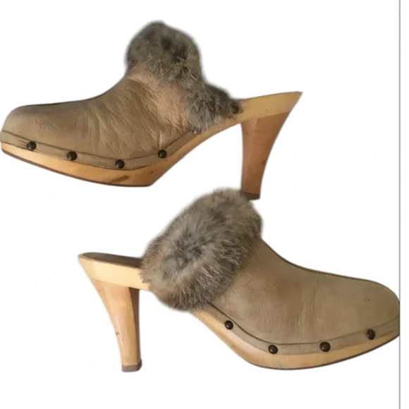 Pelle Moda genuine leather fur clogs tan boho hippie festival 10 - Picture 1 of 6